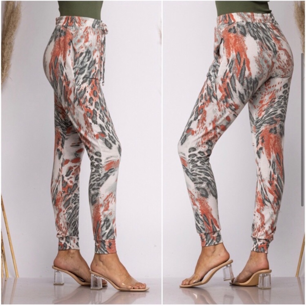 LAST PAIR: USA MADE ivory rust grey animal leopard print soft jogger pants - Picture 2 of 2